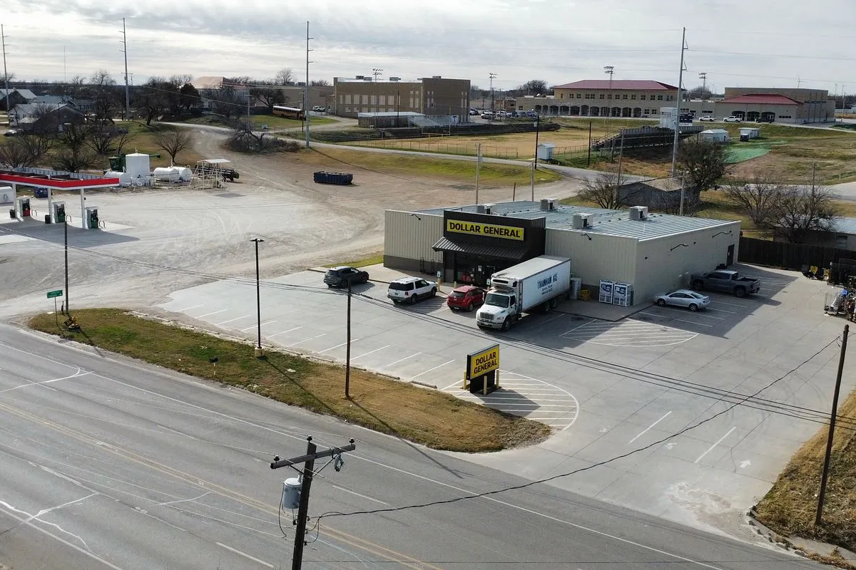 Drone aerial of a Dollar General store in Throckmorton, Texas